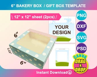 6inch Window Box Template, Cake Box (svg, canva, dxf, png, psd, docx) (Digital Download)