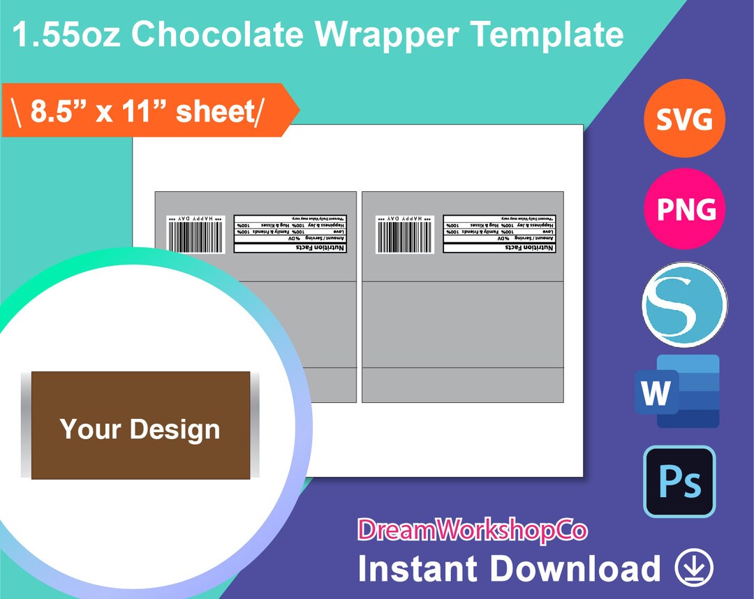 1.55oz Chocolate Bar Wrapper Template, SVG, DXF, Silhouette Studio.3 ...