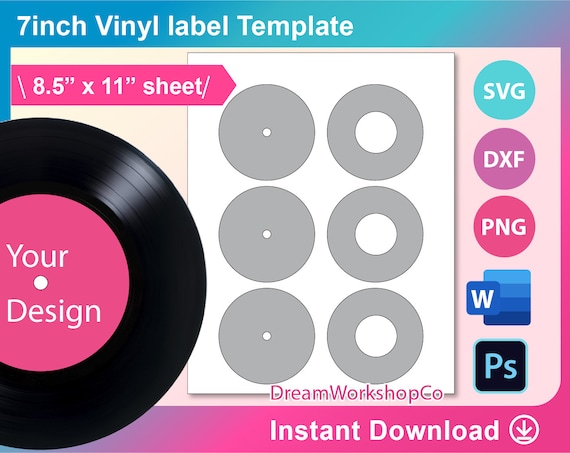 7inch Vinyl record label Template, Ms word, PSD, Png, SVG, Dxf, 8.5x11