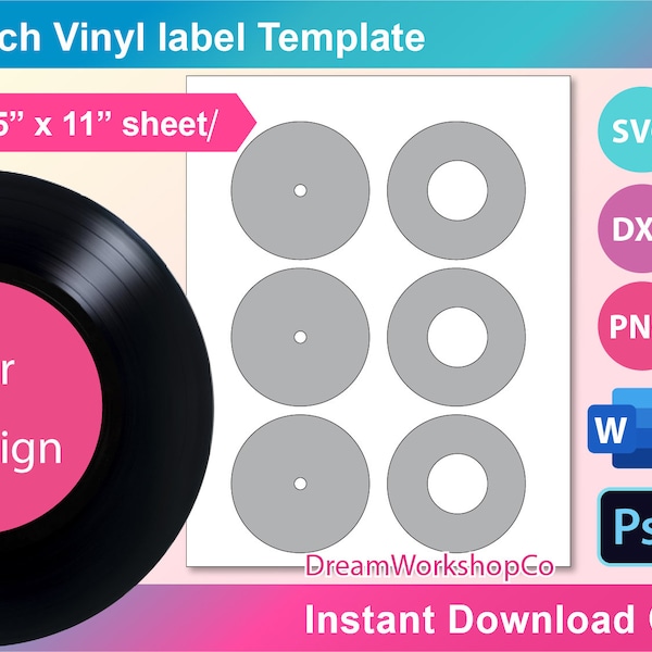 7inch Vinyl record label Template, Ms word, PSD, Png, SVG, Dxf, 8.5x11" sheet, Printable, Instant Download