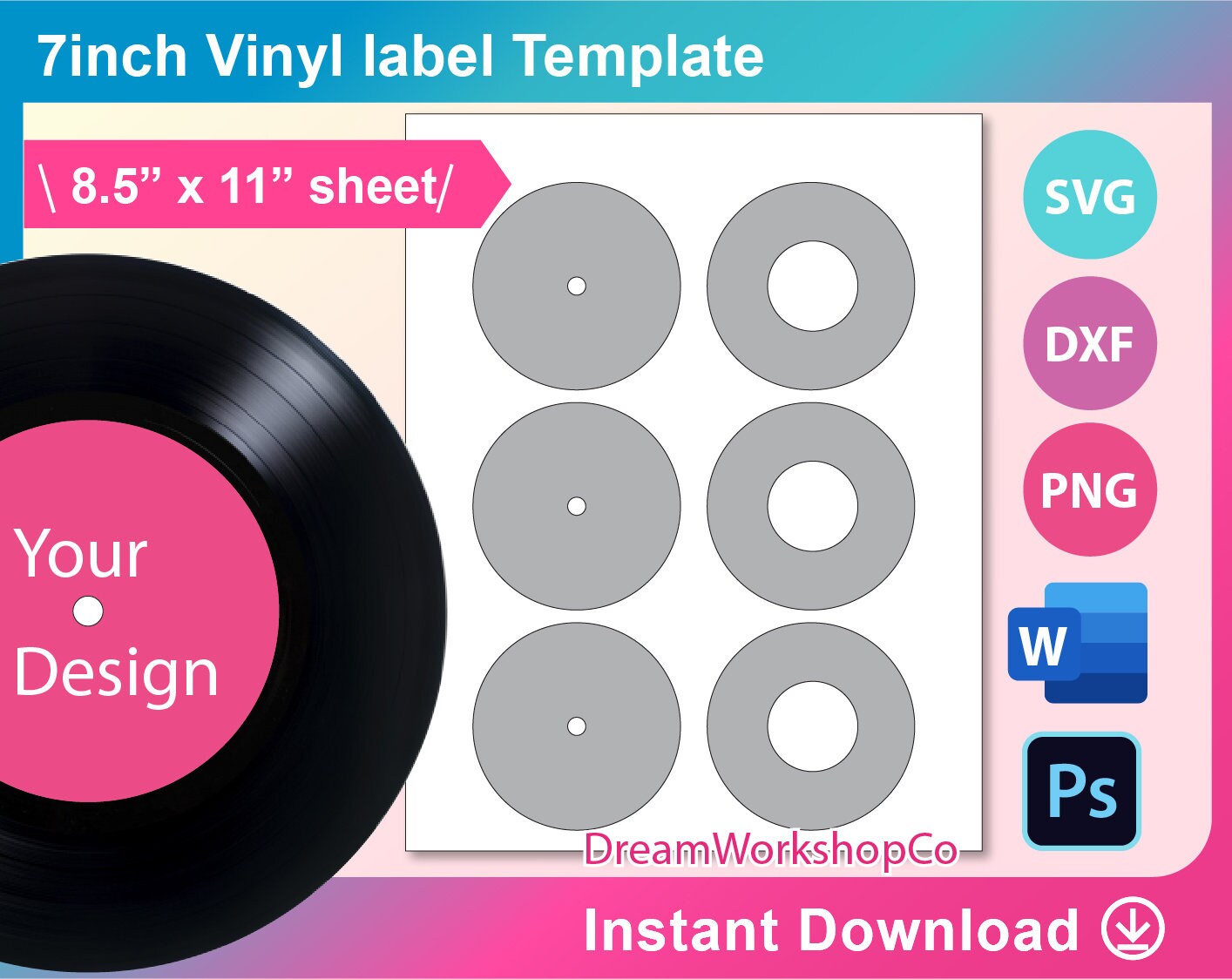 7inch Vinyl record label Template, Ms word, PSD, Png, SVG, Dxf, 8.5x11