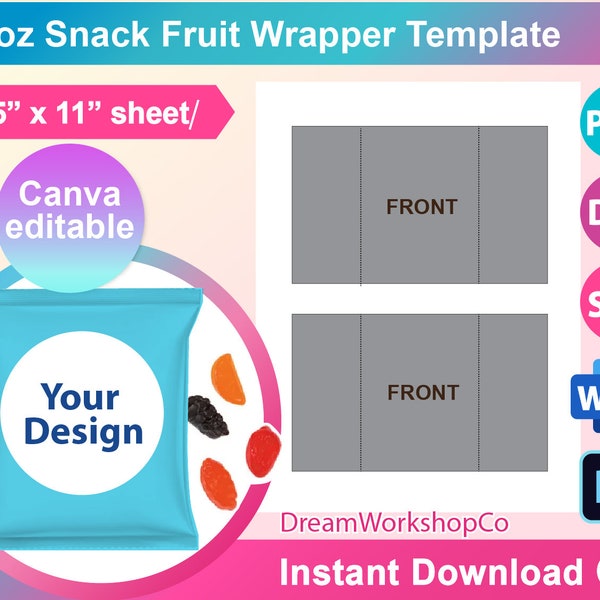 0.9oz Fruit Snack label wrapper Template, SVG, Canva, DXF, Ms Word Docx, Png, Psd, 8.5"x11" sheet, Printable