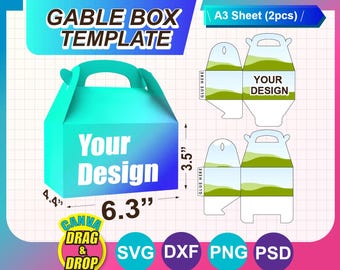Gable Box Template, Box with Handle Template, Gift Box SVG, Canva, DXF, Ms Word Docx, Png, Psd, A3 sheet, Printable