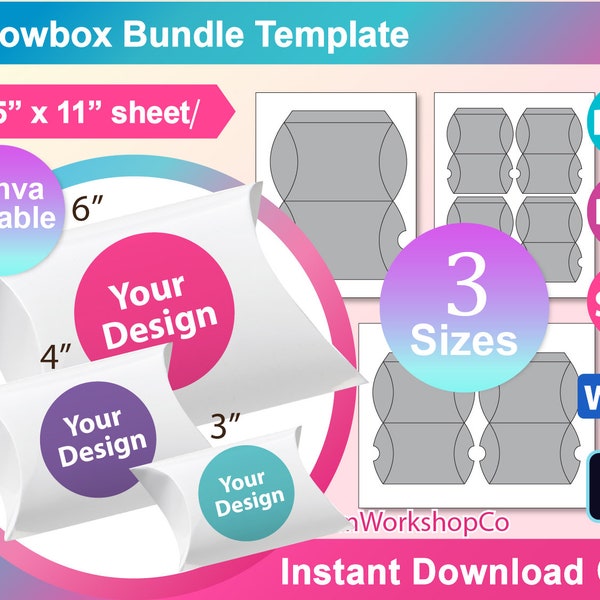 Bundle Pillow Box template, Gift Box Template, Wedding Favor Box Template, Canva, Ms word, PSD, PNG, SVG, Dxf, 8.5"x11", Printable