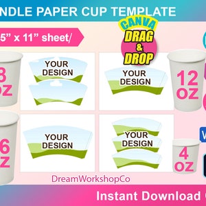 Modello di involucro per tazze in bundle, 4 dimensioni, SVG, DXF, Canva, Ms Word Docx, Png, Psd, foglio 8,5"x11", stampabile