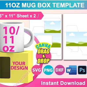 11oz Mug Box Template, Sublimation Template, Cut Files, Canva, SVG, DXF, Ms Word Docx, Png, Psd, letter size sheet x 2, Printable