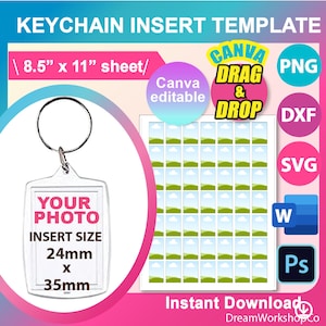 以下が含まれることがあります： キーホルダーインサート用の印刷可能なテンプレート。テンプレートには、それぞれ24mm x 35mmの個別のインサートが80個含まれています。テンプレートはCanvaでの使用を目的としており、PNG、DXF、SVGなどの形式でダウンロードできます。