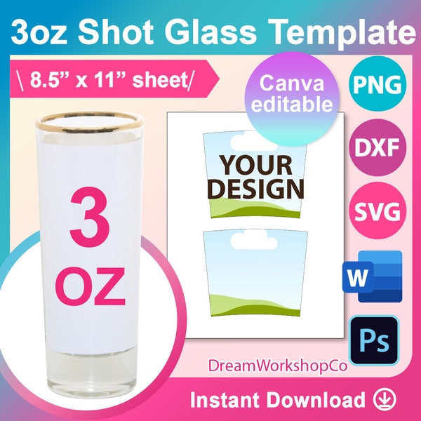 3oz Shot Glass template, Sublimation, Canva, Ms word, PSD, PNG, SVG, Dxf, 8.5"x11" sheet, Printable, Instant Download