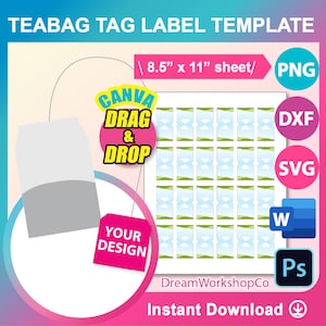 ティーバッグタグテンプレート、Ms word、PSD、PNG、Canva、SVG、Dxf、8.5x11インチシート、印刷可能、即時ダウンロード