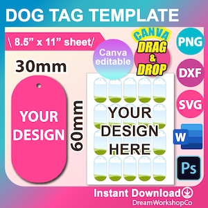 30mm x 60mm Dog Tag Template, Dog tag template SVG, DXF, Ms Word Docx, Canva, Png, Psd, 8.5&quot;x11&quot; sheet, Printable