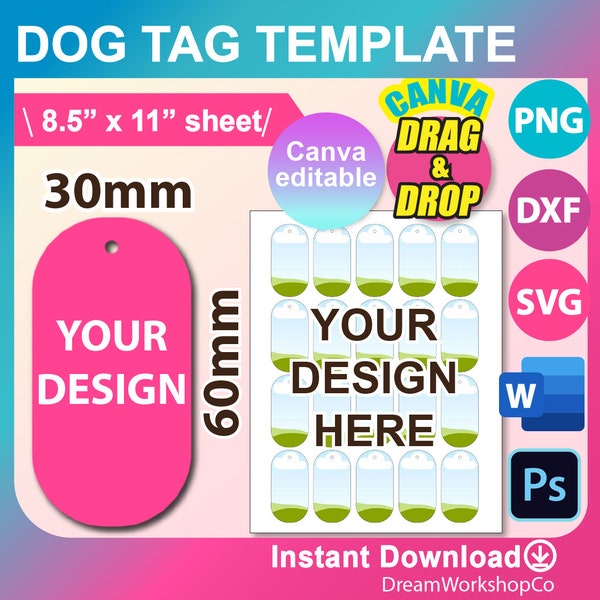 30mm x 60mm Dog Tag Template, Dog tag template SVG, DXF, Ms Word Docx, Canva, Png, Psd, 8.5"x11" sheet, Printable