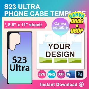 Modello di sublimazione per custodia per telefono S23 Ultra, Canva, SVG, DXF, Ms Word Docx, Png, Psd, foglio 8,5"x11", stampabile