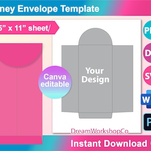 マネーホルダー、マネー封筒テンプレート、ケース封筒カットファイル、SVG、Canva、Ms word、PNG、SVG、Dxf、8.5x11インチシート、印刷可能