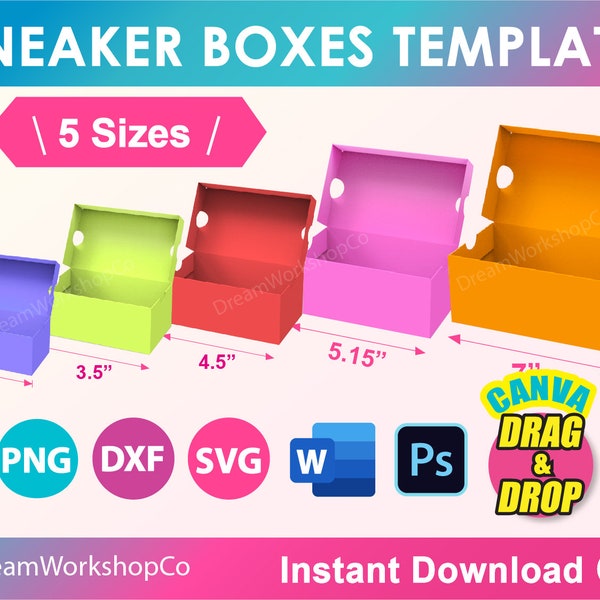 5 sizes Bundle Shoes Box Template, Mini Sneaker Box template, Valentine's Gift Box S, Box with Lid template, Canva, PSD, PNG, SVG, Dxf