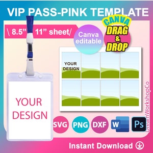 Blanco sjabloon VIP-pas van 2,5 x 3,5, sjabloon ID-badge Svg, DXF, Canva, Ms Word Docx, Png, Psd, vel 8,5 x 11 inch, afdrukbaar