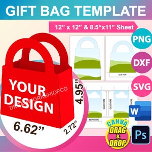 Modèle de sac cadeau, modèle de sac en papier SVG, DXF, Canva, MS Word Docx, Png, PSD, feuille 12 x 12 po, imprimable
