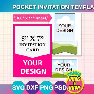 Pocket Wedding Invitation Template: 5"x7" Canva, Word, PSD, PNG, SVG, Dxf (Digital Download)