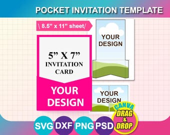 Pocket Wedding Invitation Template: 5"x7" Canva, Word, PSD, PNG, SVG, Dxf (Digital Download)