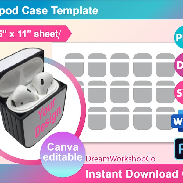 Airpod Case Sublimation Template, Canva, SVG, Dxf, Ms Word docx, Png, PSD, 8.5"x11" sheet, Printable