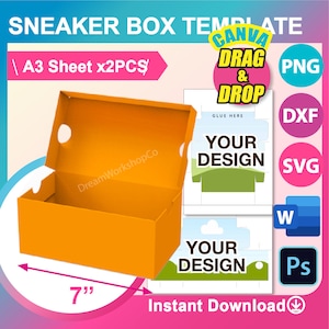 Mini Shoes Box Template, Mini Sneaker Box template, Gift Box Template, Box with Lid template Ms word, PSD, PNG, SVG, Dxf, A3 x 2pcs