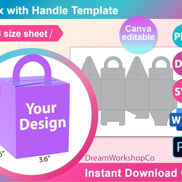 Box with Handle Template, Svg, Gift Box, Wedding Favor Box, Candy Box, Canva, SVG, DXF, Ms Word Docx, Png, Psd, A3 sheet, Printable