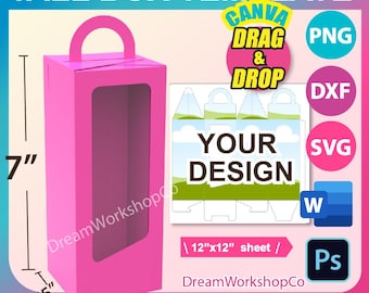 7” Tall Gable Box Template, Tall Gable Window Box, Box with Handle Template, Gift Box, Canva, SVG, DXF, Ms Word Docx, Png, Psd, 12 x 12