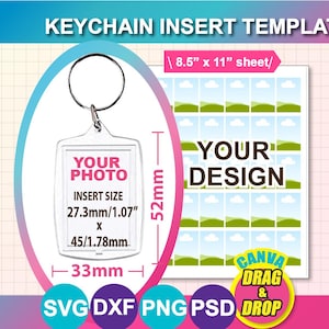 以下が含まれることがあります： 「KEYCHAIN INSERT TEMPLATE」のテキストが入ったキーチェーンインサートテンプレート。テンプレートには、シルバーリング付きの透明なキーチェーンと、「YOUR DESIGN」のテキストが入ったシートが含まれています。インサートサイズは27.3mm x 45mmです。