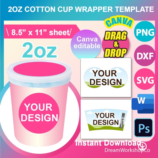 2oz Cotton candy tub label Template, Cotton candy tub wrapper template, SVG, Canva, DXF, Ms Word Docx, Png, Psd, 8.5"x11" sheet, Printable