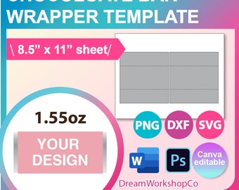 1.55oz Chocolate Bar Wrapper Template, SVG, DXF, Canva, Ms Word Docx, Png, Psd, 8.5"x11" sheet, Printable