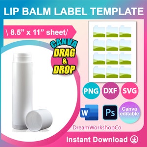 Lip balm Label Template, Sublimation Template, SVG, Canva, DXF, DOCX, Png, Psd,  8.5x11" sheet, Printable, Instant Download