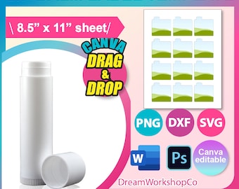 Lip balm Label Template, Sublimation Template, SVG, Canva, DXF, DOCX, Png, Psd,  8.5x11&quot; sheet, Printable, Instant Download