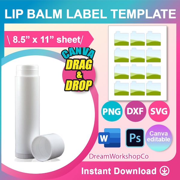 Lip balm Label Template, Sublimation Template, SVG, Canva, DXF, DOCX, Png, Psd,  8.5x11" sheet, Printable, Instant Download