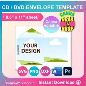 CD Sleeve Template, Ms word, PSD, Png, SVG, Canva, Dxf, 8.5x11" sheet, Printable, Instant Download
