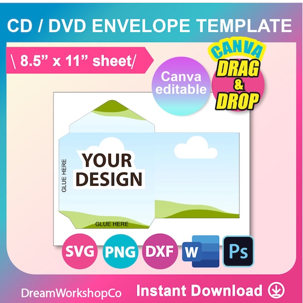 CD Sleeve Template, Ms word, PSD, Png, SVG, Canva, Dxf, 8.5x11" sheet, Printable, Instant Download