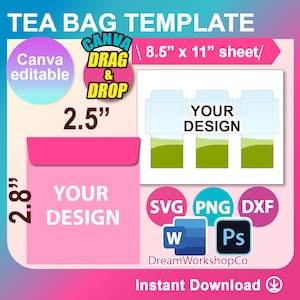 ティーバッグ封筒テンプレート、シードパケットテンプレート。Canva、Ms Word、PSD、PNG、SVG、Dxf、8.5x11インチシート、印刷可能、即時ダウンロード
