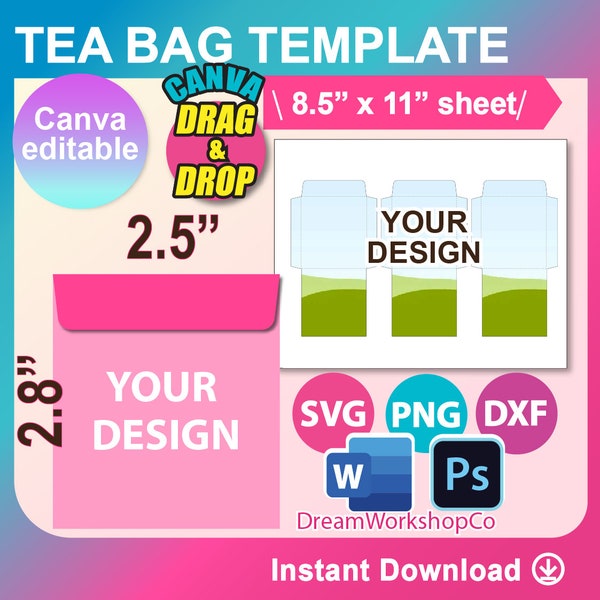 Tea Bag Envelope Template, Seed Packet Template. Canva, Ms word, PSD, PNG, SVG, Dxf, 8.5x11" sheet, Printable, Instant Download