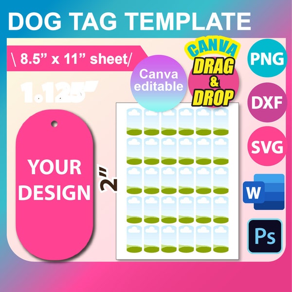 Dog Tag Template, Dog tag template SVG, DXF, Canva, Ms Word Docx, Png, Psd, 8.5"x11" sheet, Printable