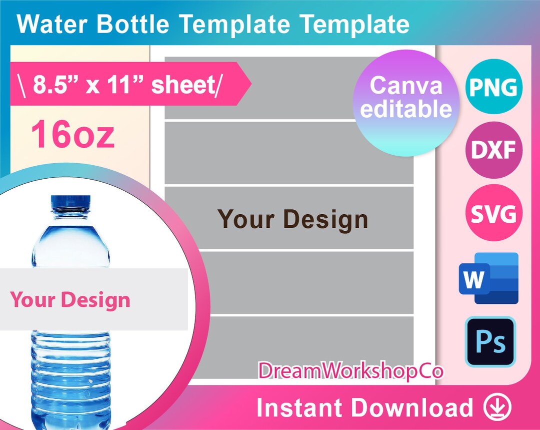 Water Bottle Labels Template, Blank Water Bottle Label Template, Water