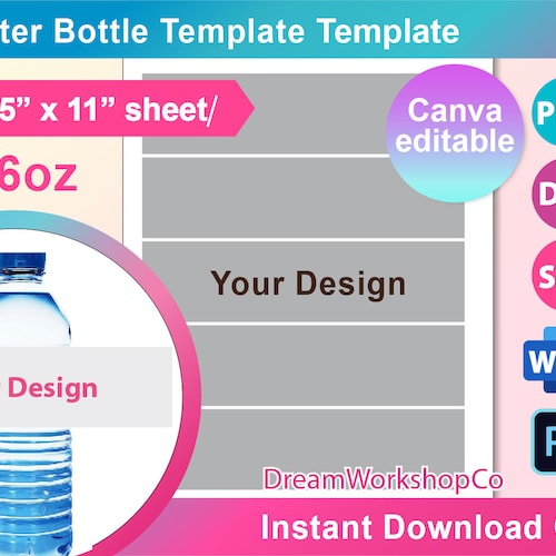 Water bottle Labels template, Blank water bottle label template, water bottle label Canva, SVG, DXF, Docx, Png, PSD, 8.5