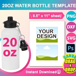 Puede incluir: Una plantilla de botella de agua blanca de 20 onzas con un texto rosa "20 oz" en la parte delantera. La plantilla está disponible en los formatos PNG, DXF, SVG y Photoshop. La imagen también muestra una maqueta de la botella con un diseño de paisaje verde y azul.