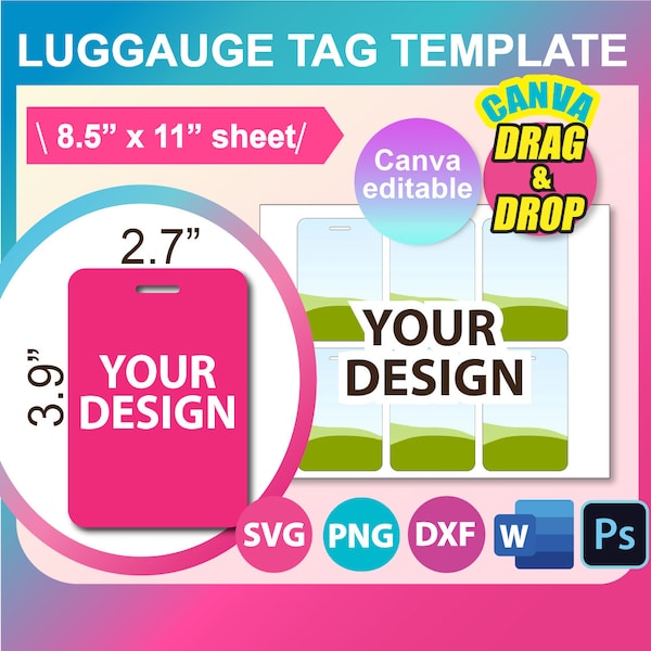 Luggage Tag Template, Template for sublimation, Canva, SVG, DXF, Ms Word Docx, Png, Psd, 8.5"x11" sheet, Printable