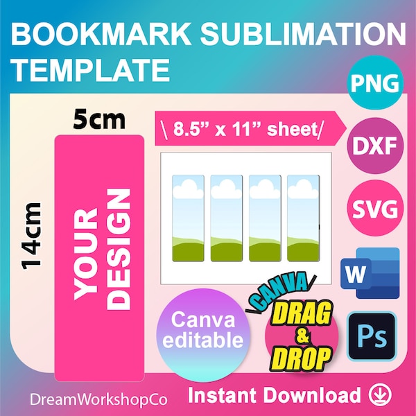 Bookmark Template Sublimation, Bookmark Template, Canva, SVG, DXF, Ms Word Docx, Png, PSD, 8.5"x11" sheet, Printable