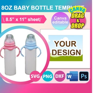 Sjabloon babymelkfles, sublimatiesjabloon, canva, SVG, DXF, Ms Word Docx, png, psd, vel 8,5 x 11 inch, afdrukbaar