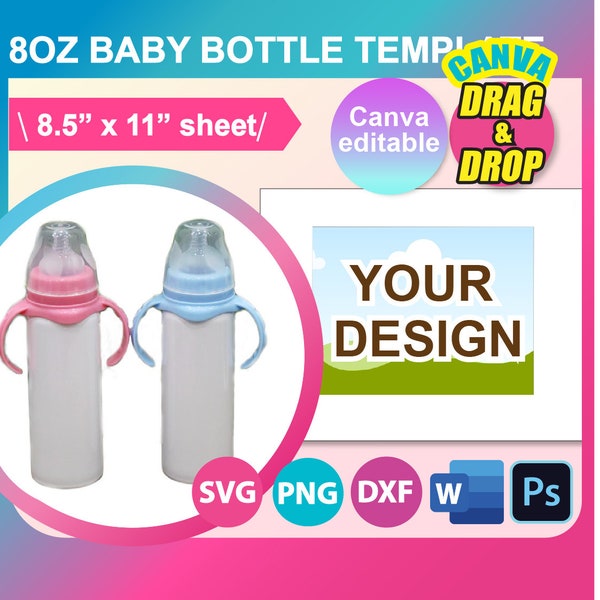 Baby Milk Bottle template, Sublimation Template, Canva, SVG, DXF, Ms Word Docx, Png, Psd, 8.5"x11" sheet, Printable