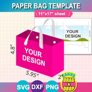 以下が含まれることがあります： 白い持ち手が付いたピンク色の紙袋テンプレートで、「YOUR DESIGN」と表示されています。バッグの幅は15.1cm、高さは12.2cmです。テンプレートには、27.9cm x 43.2cmのシートのデザインが含まれており、SVG、DXF、PNGのオプションがあります。