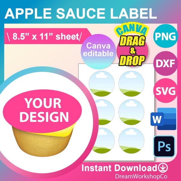 4oz Apple sauce cup label Template, SVG, DXF, Canva, Ms Word Docx, Png, PSD, 8.5"x11" sheet, Printable