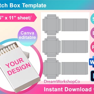 May include: A white matchbox template with the text "YOUR DESIGN" in pink. The image includes matchbox outlines and file type icons. Text reads "Match Box Template" and "8.5" x 11" sheet".