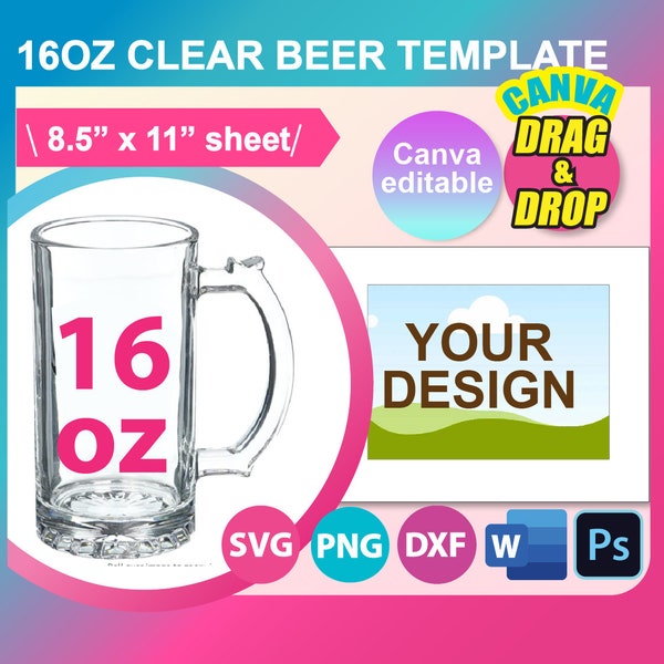 16oz Clear Beer Glass,  Glass Stein Sublimation, Canva, Ms word, PSD, PNG, SVG, Dxf, 8.5"x11" sheet, Printable, Instant Download