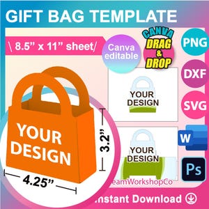 Modello di sacchetto regalo, modello di sacchetto di carta SVG, DXF, Canva, Ms Word Docx, Png, PSD, foglio 8,5"x11", stampabile