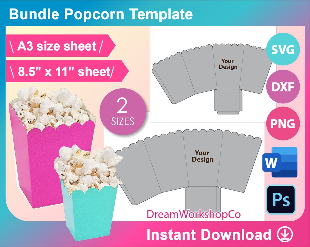 Popcorn Box Template Bundle, Popcorn Box Template SVG, DXF, Ms Word Popcorn Box Template Bundle, Popcorn Box Template SVG, DXF, Ms Word